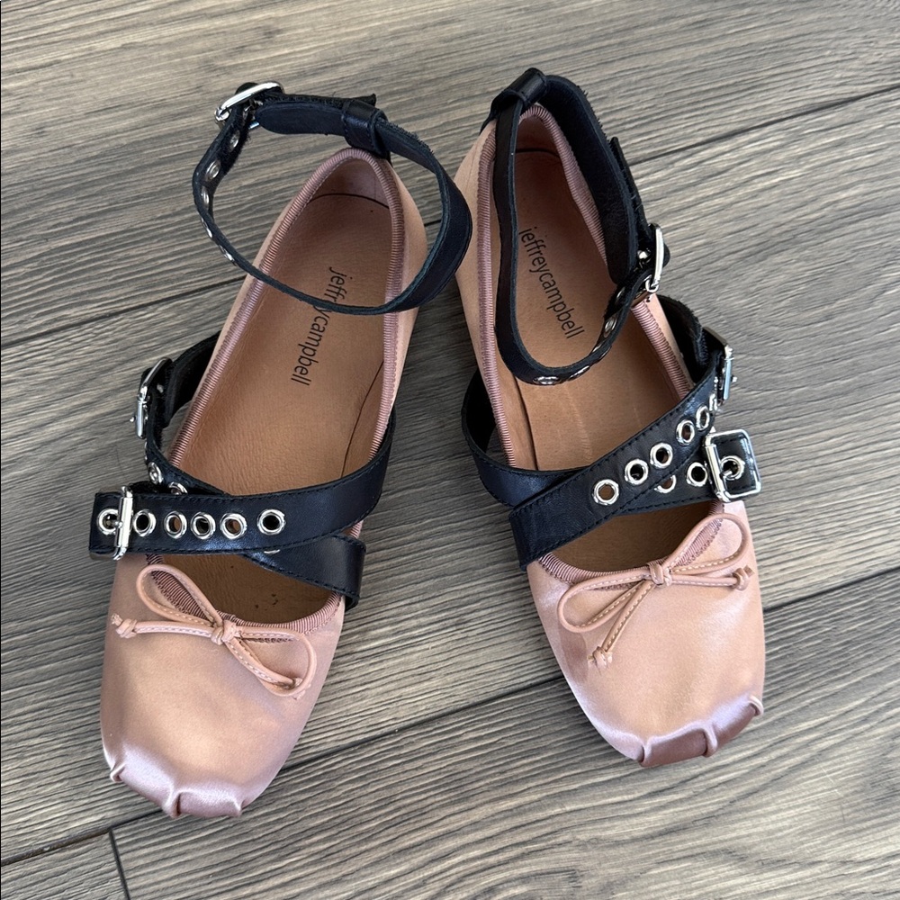 Jeffrey Campbell Choreo ballet flats in pink satin with black buckled straps. - Picture 13 of 16